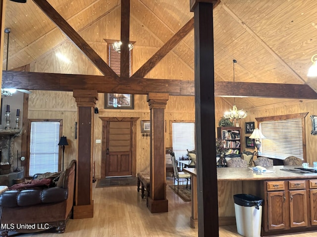 46 Stirling Rd, Natchez, MS 39120 - interior space featuring beam ceiling, wooden walls, high vaulted ceiling, and wood ceiling