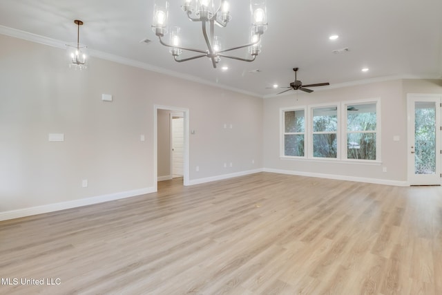 unfurnished living room with ornamental molding, ceiling fan with notable chandelier, and light hardwood / wood-style floors