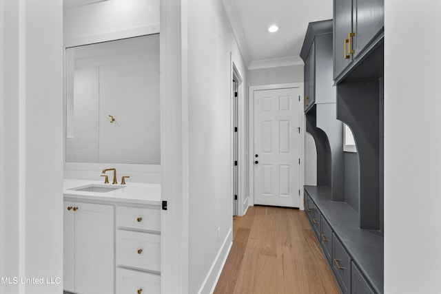 mudroom featuring ornamental molding, sink, and light wood-type flooring