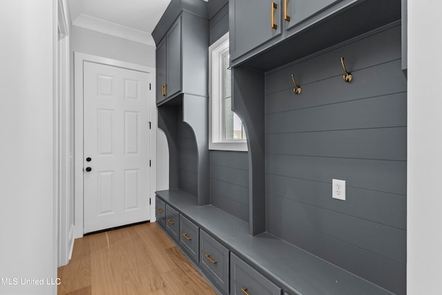 mudroom featuring crown molding and light hardwood / wood-style flooring