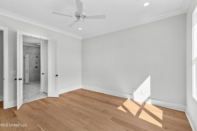 unfurnished bedroom featuring ceiling fan, hardwood / wood-style flooring, and ornamental molding