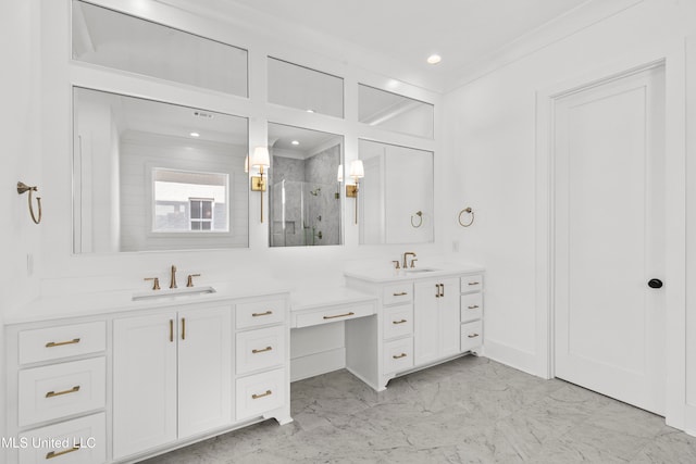 bathroom featuring vanity, an enclosed shower, and ornamental molding