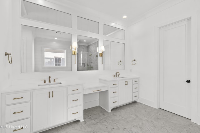 126 Herons Bay Cir Lot 1136, Madison, MS 39110 - bathroom featuring a shower stall, marble finish floor, ornamental molding, and vanity