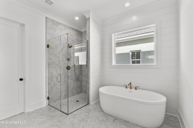 bathroom featuring wood walls and plus walk in shower