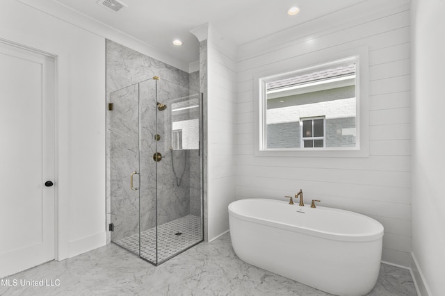 126 Herons Bay Cir Lot 1136, Madison, MS 39110 - bathroom featuring a freestanding tub, marble finish floor, a marble finish shower, and visible vents