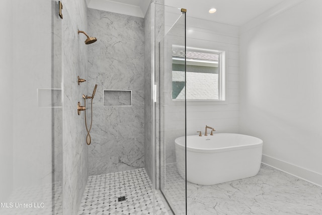 bathroom featuring crown molding and plus walk in shower