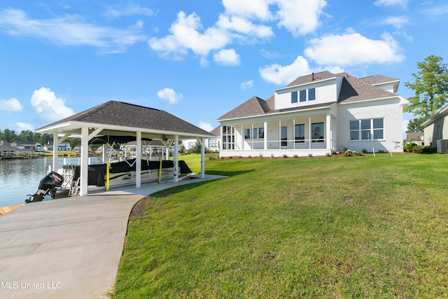 dock area featuring a yard, a water view, and central AC unit