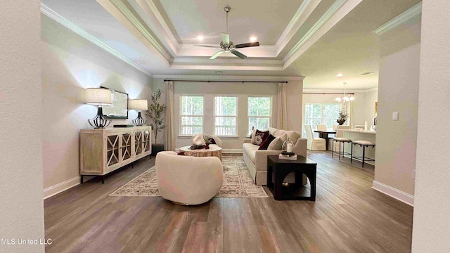 living room featuring ornamental molding, wood-type flooring, ceiling fan with notable chandelier, and a tray ceiling