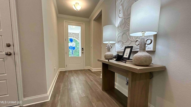 doorway featuring crown molding and dark hardwood / wood-style floors