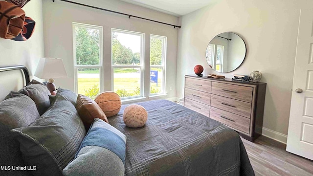 bedroom with light hardwood / wood-style floors and multiple windows