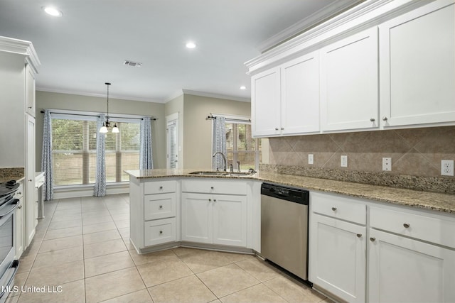 kitchen with a peninsula, stainless steel appliances, crown molding, white cabinetry, and a sink