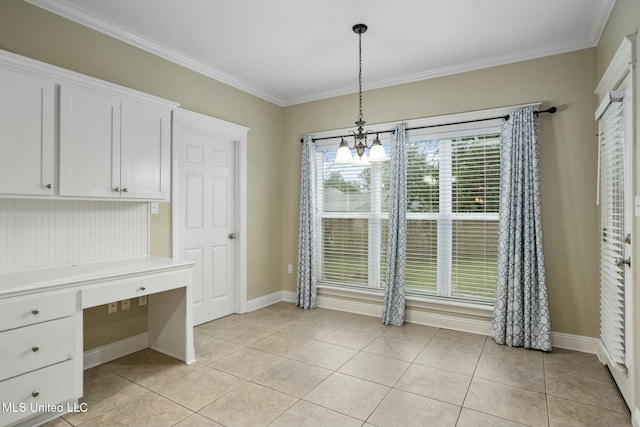 unfurnished dining area featuring light tile patterned floors, ornamental molding, built in study area, and baseboards