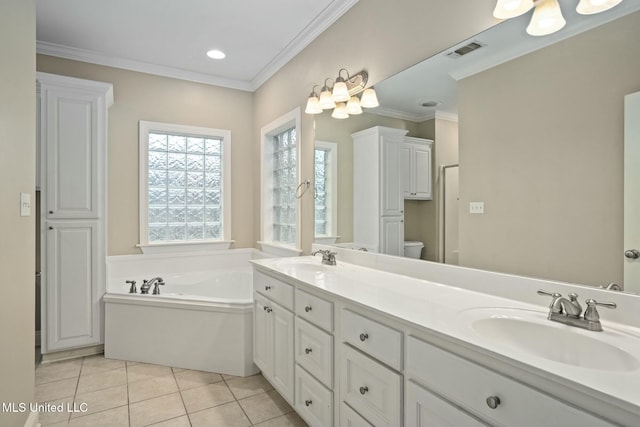 full bath featuring tile patterned flooring, visible vents, a sink, and ornamental molding