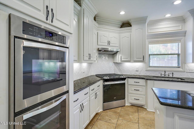 306 Canebreak Cv, Madison, MS 39110 - kitchen featuring stainless steel appliances, under cabinet range hood, white cabinets, decorative backsplash, and a sink