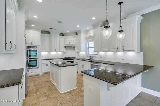 306 Canebreak Cv, Madison, MS 39110 - kitchen with stainless steel appliances, under cabinet range hood, a sink, ornamental molding, and a peninsula