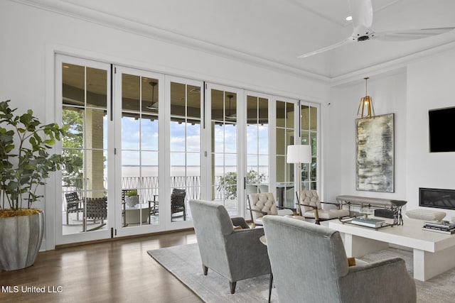 150 Old Trace Rd, Madison, MS 39110 - dining area with wood finished floors, a ceiling fan, and crown molding