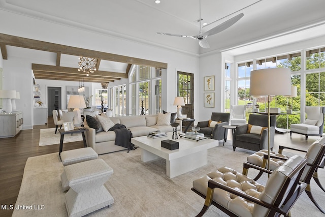 150 Old Trace Rd, Madison, MS 39110 - living area featuring light wood-style floors, beamed ceiling, and a ceiling fan