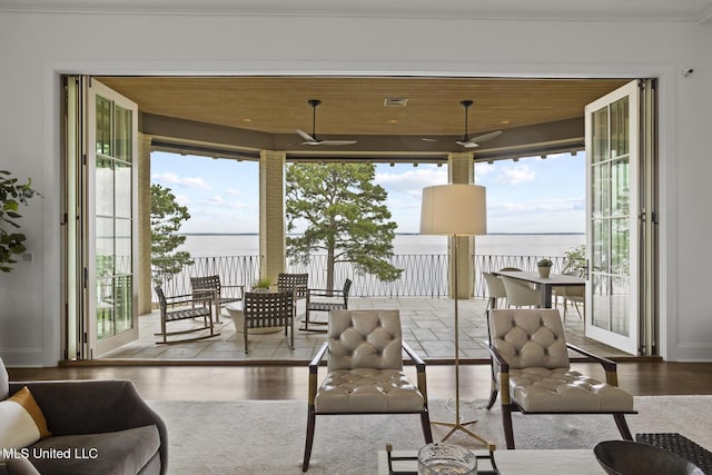 150 Old Trace Rd, Madison, MS 39110 - living room with a water view, wood finished floors, and wooden ceiling