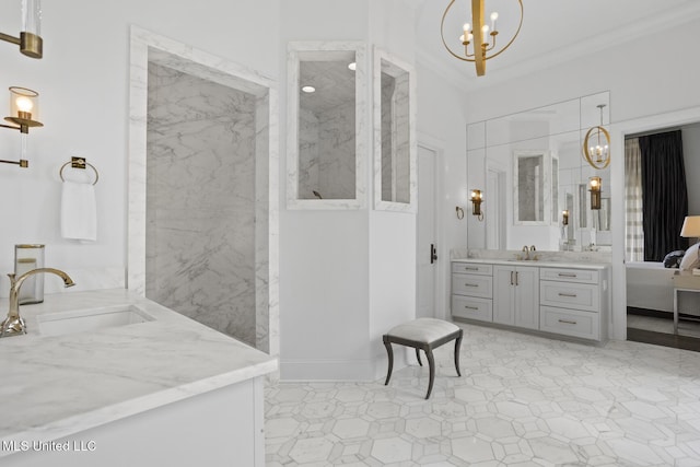150 Old Trace Rd, Madison, MS 39110 - ensuite bathroom with a chandelier, vanity, a marble finish shower, and crown molding