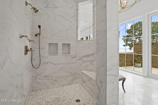 150 Old Trace Rd, Madison, MS 39110 - full bathroom featuring a marble finish shower and a chandelier