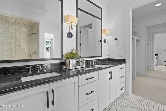 150 Old Trace Rd, Madison, MS 39110 - bathroom with double vanity, tiled shower, and tile patterned floors