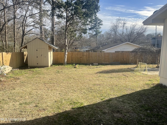 view of yard featuring a storage unit, an outdoor structure, and a fenced backyard