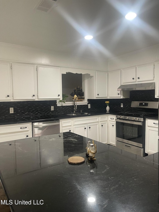 kitchen with under cabinet range hood, appliances with stainless steel finishes, backsplash, and a sink