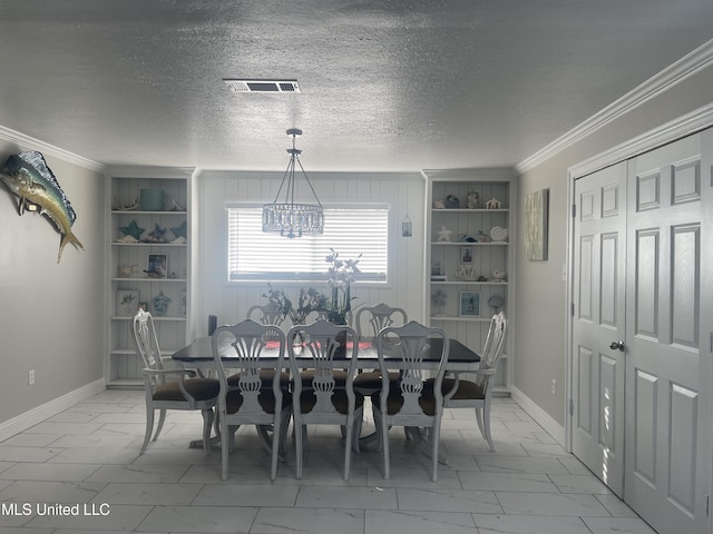 dining space featuring a textured ceiling, marble finish floor, baseboards, and crown molding