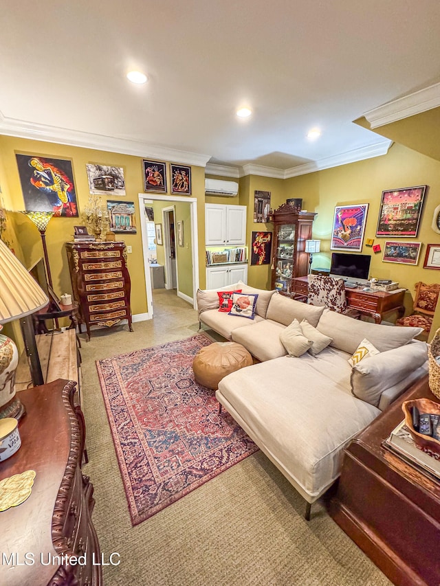 living room with light colored carpet and ornamental molding