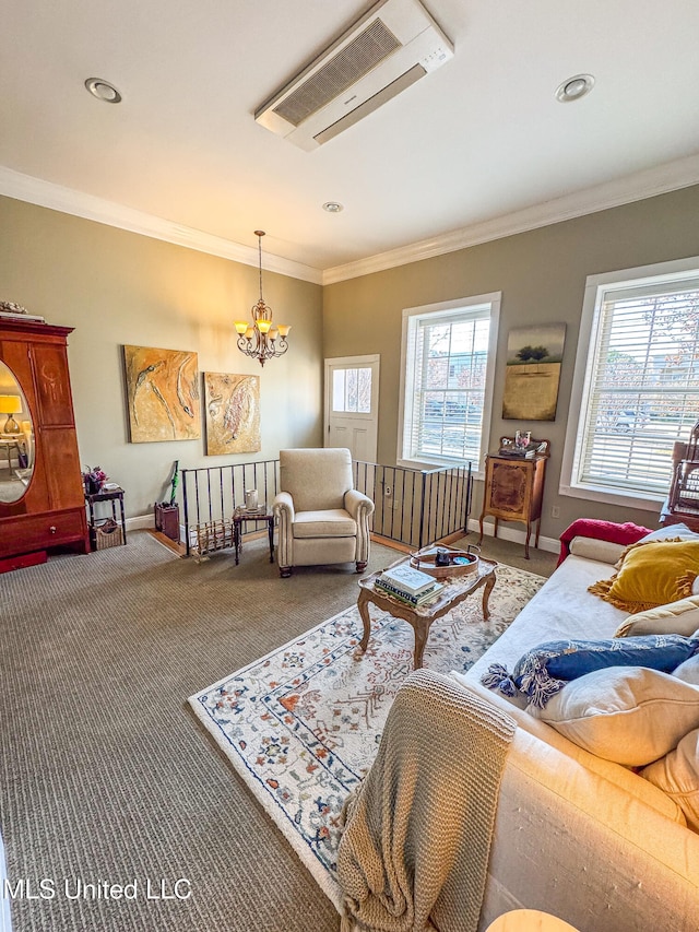 living room featuring a chandelier, carpet, and crown molding