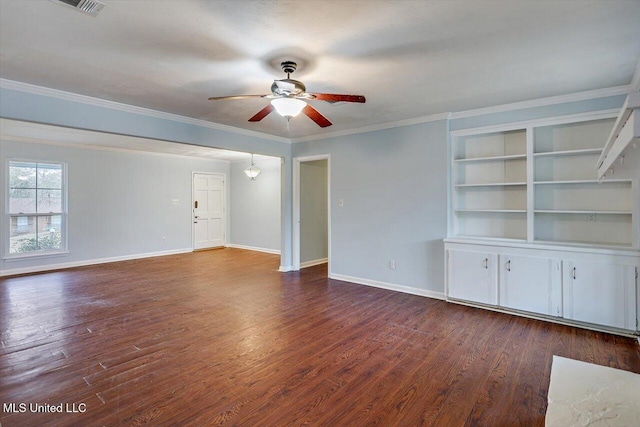 unfurnished living room with crown molding, dark wood-type flooring, and ceiling fan