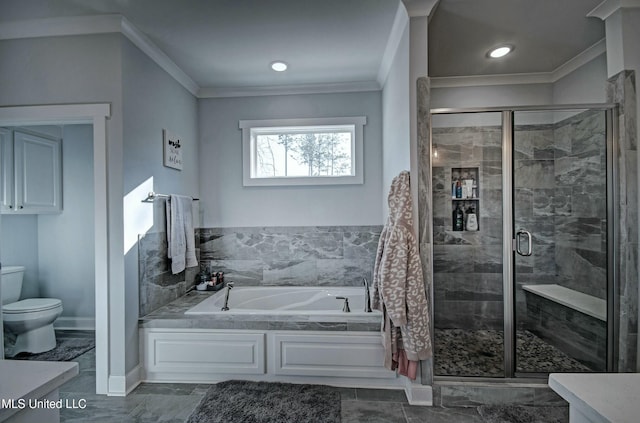 full bathroom featuring a stall shower, toilet, a bath, and ornamental molding