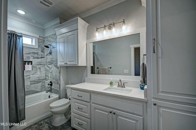 full bath with visible vents, crown molding, toilet, shower / tub combo with curtain, and vanity