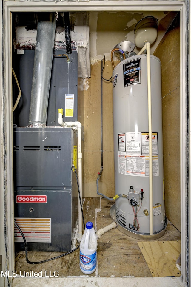 utility room with gas water heater and heating unit
