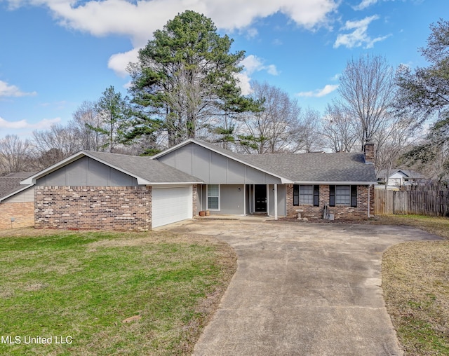 ranch-style house featuring an attached garage, brick siding, driveway, and fence