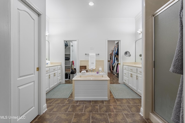 bathroom featuring crown molding, a shower with door, and vanity