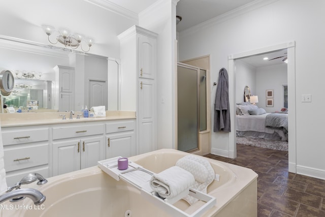 bathroom featuring vanity, ornamental molding, and plus walk in shower