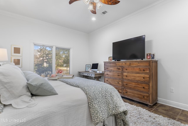 bedroom featuring ceiling fan and crown molding