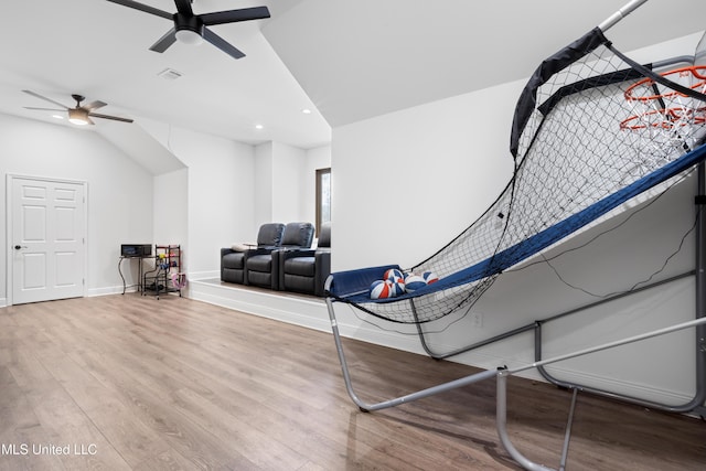 game room featuring hardwood / wood-style flooring and ceiling fan