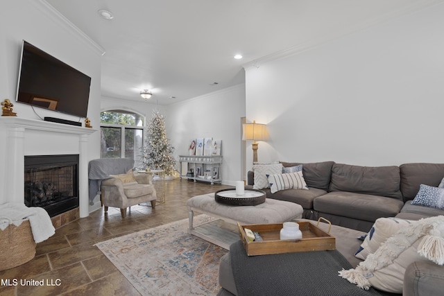 living room with crown molding