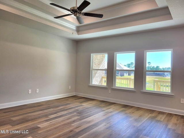 unfurnished room with a healthy amount of sunlight, a tray ceiling, and dark hardwood / wood-style flooring