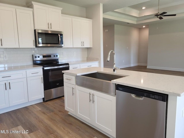 kitchen with sink, appliances with stainless steel finishes, hardwood / wood-style floors, white cabinets, and a raised ceiling