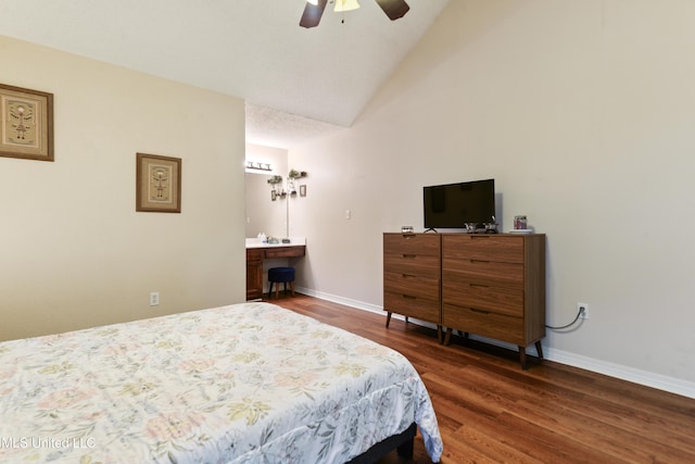 14174 Spruce Ct, Gulfport, MS 39503 - bedroom with wood finished floors, baseboards, ceiling fan, and high vaulted ceiling