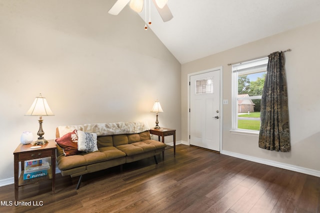 14174 Spruce Ct, Gulfport, MS 39503 - living area with wood finished floors, baseboards, a ceiling fan, and high vaulted ceiling