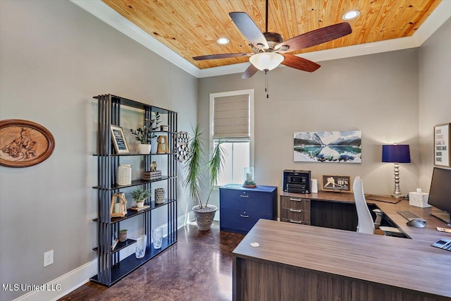 office space featuring wood ceiling and ceiling fan