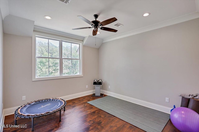 exercise area with ornamental molding, dark wood-type flooring, and ceiling fan