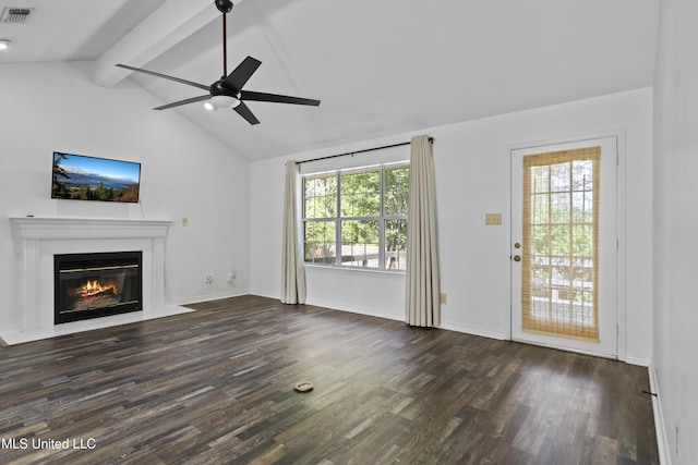 unfurnished living room featuring a ceiling fan, visible vents, a fireplace with flush hearth, wood finished floors, and vaulted ceiling with beams