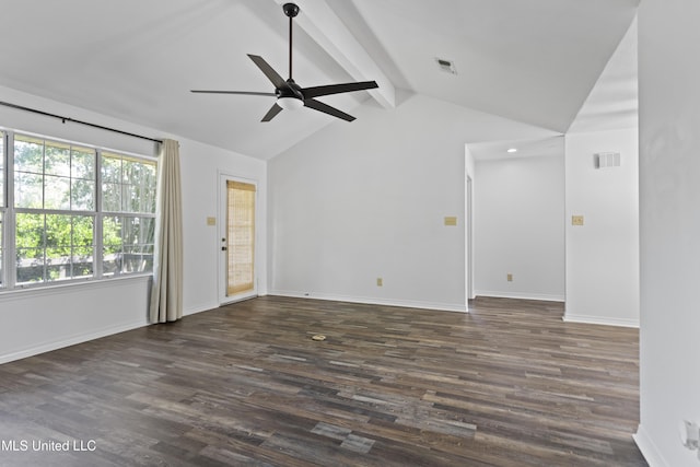 unfurnished living room with visible vents, baseboards, ceiling fan, dark wood-style floors, and vaulted ceiling with beams