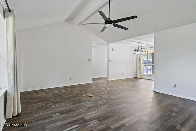 unfurnished living room with baseboards, dark wood finished floors, lofted ceiling with beams, and ceiling fan with notable chandelier