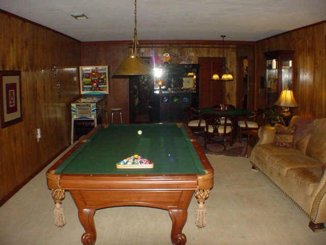 game room featuring wood walls, carpet, and billiards